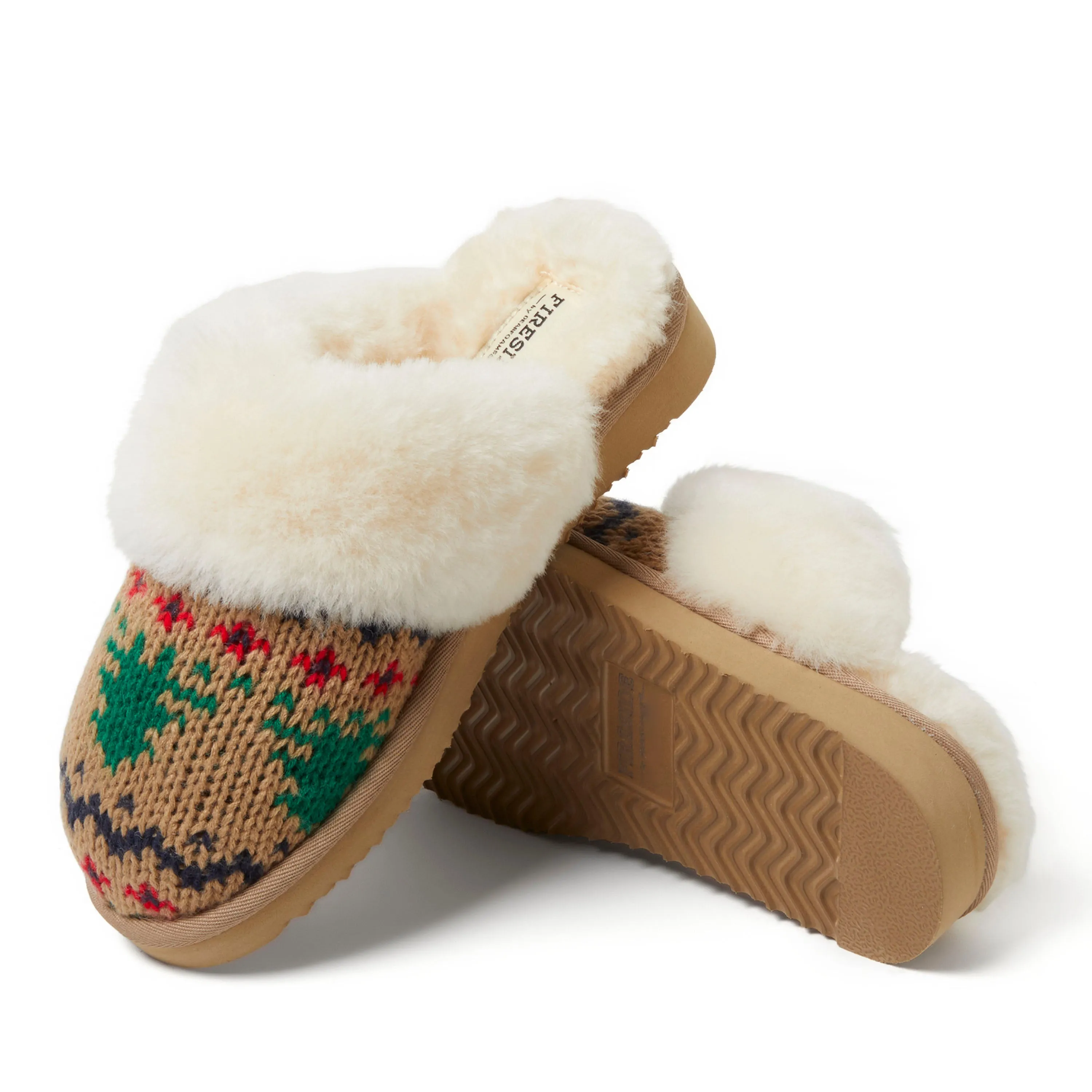 Fireside by Dearfoams Women's Sydney Holiday Fair Isle Genuine Shearling Scuff Slipper