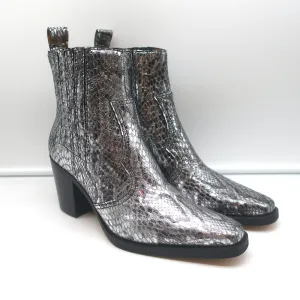Ganni Callie Western Chelsea Boots Silver Metallic Snake-Print Leather Size 39