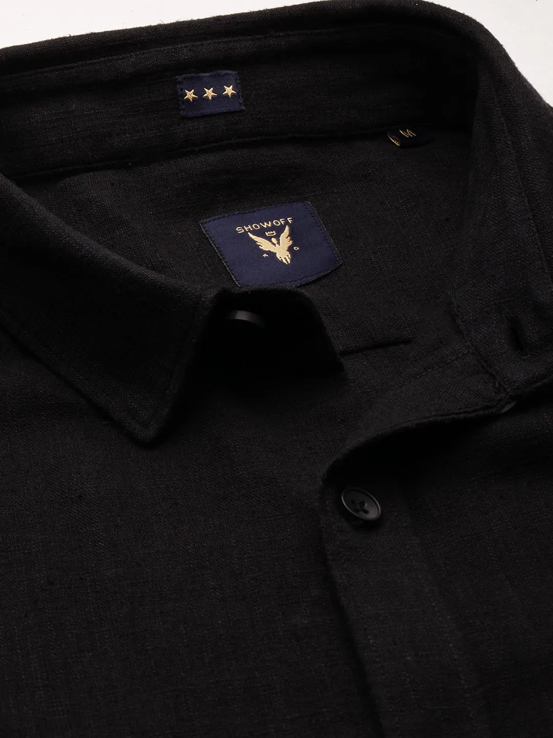 Men Black Standard Slim Fit Spread Collar Cotton Casual Shirt