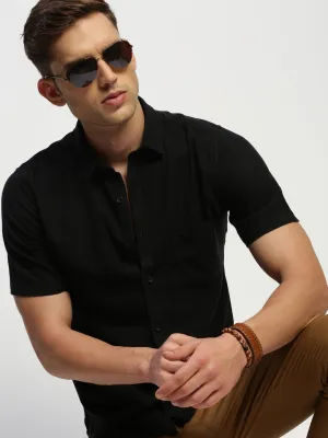 Men Black Standard Slim Fit Spread Collar Cotton Casual Shirt