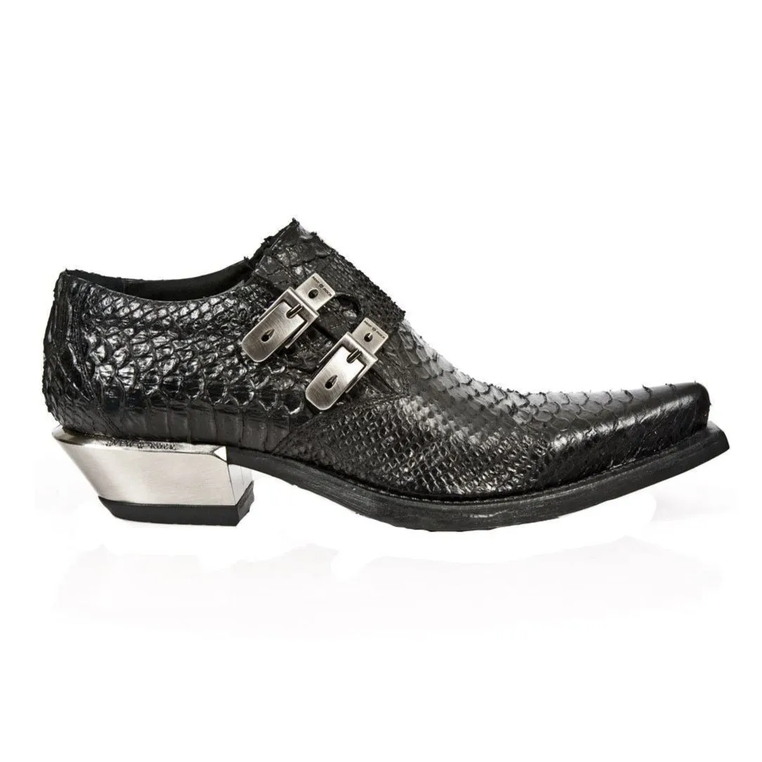 New Rock Embossed Python Black Leather Buckled Shoes-7934-S2