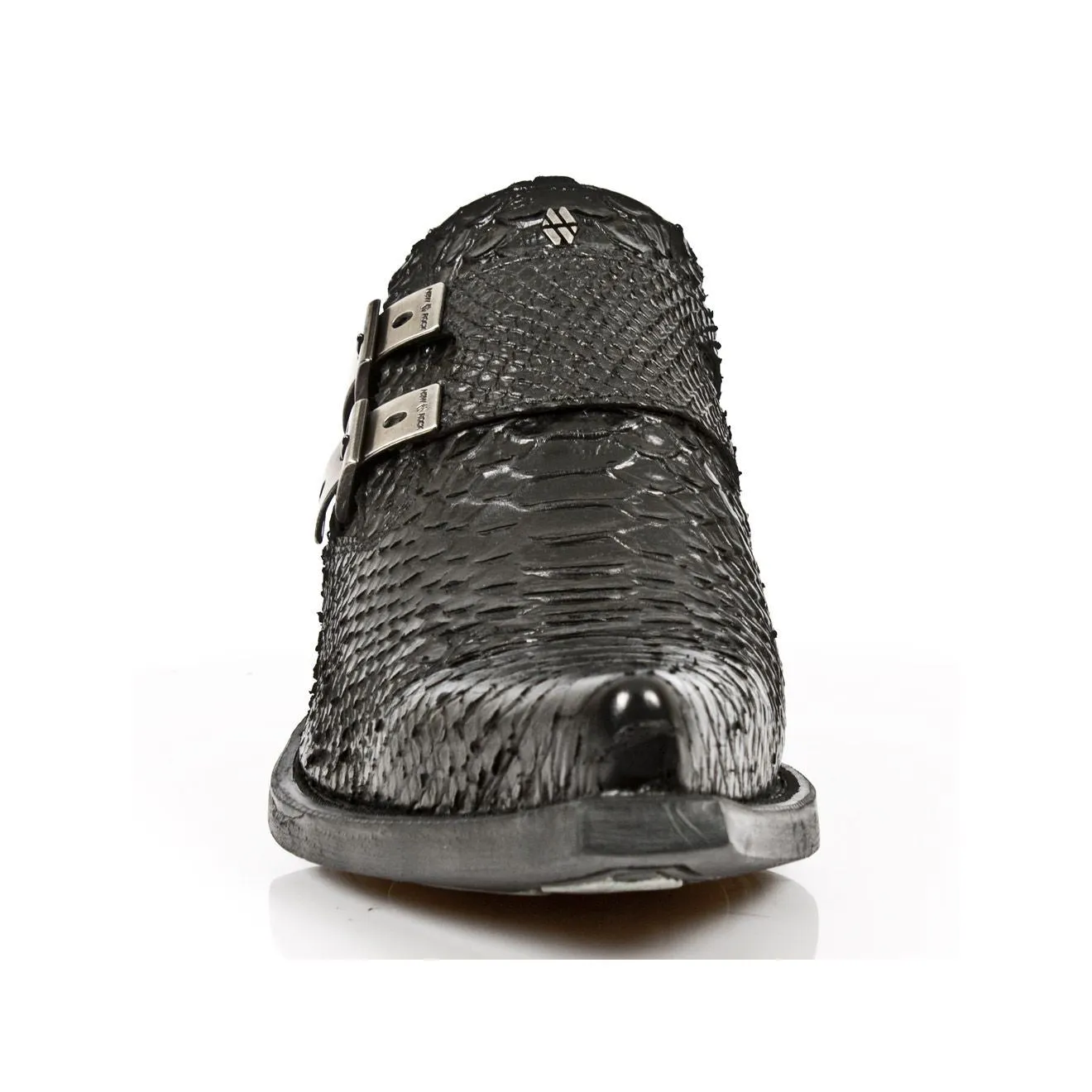 New Rock Embossed Python Black Leather Buckled Shoes-7934-S2