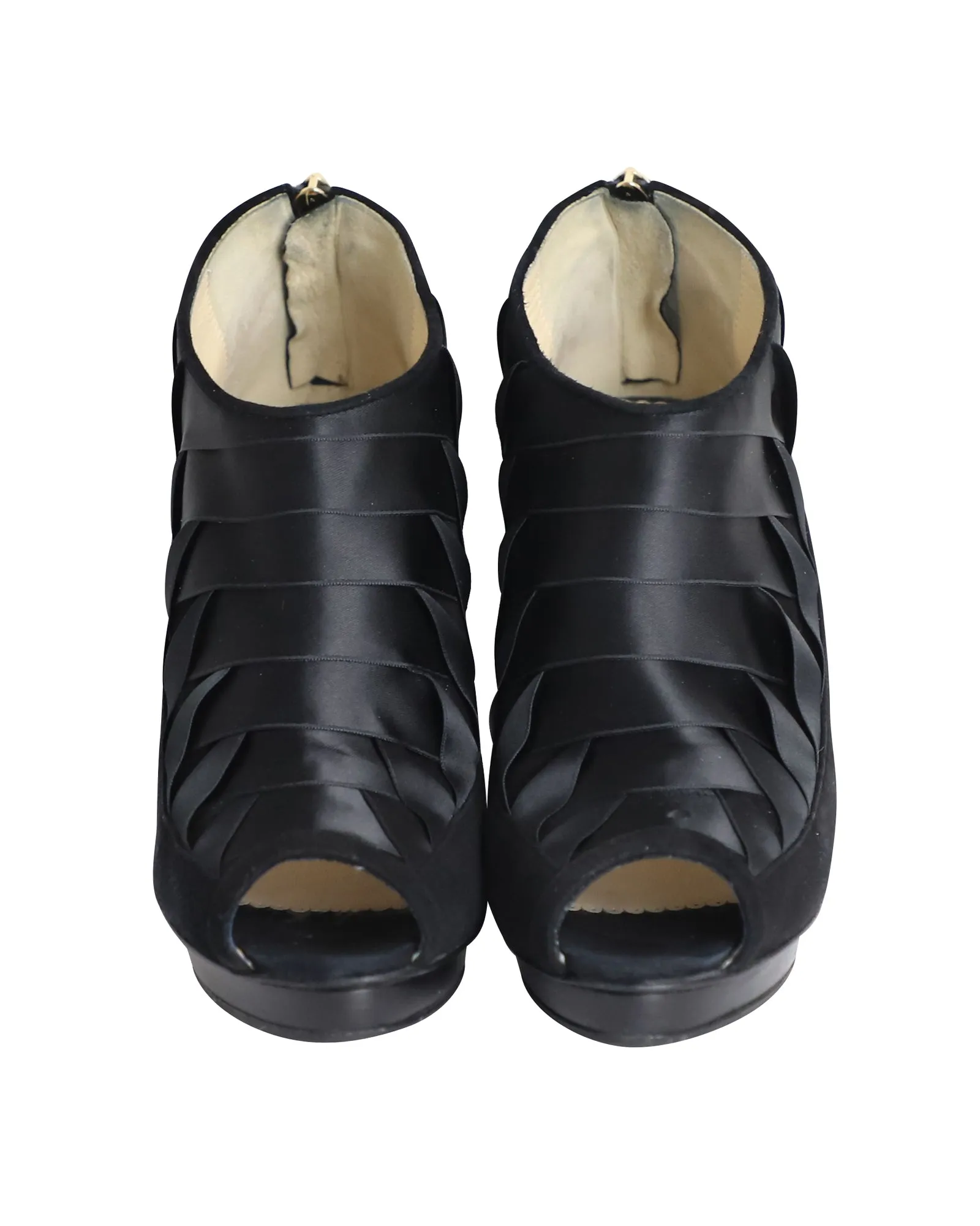 Oscar de la Renta Peep-Toe Platform Boots in Black Satin
